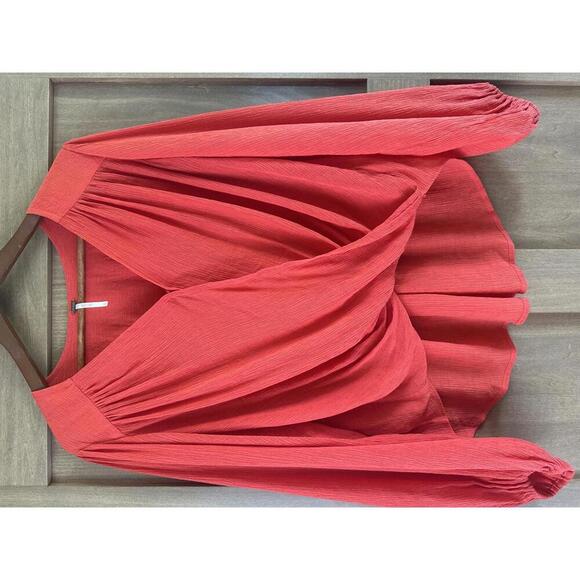 Free People Check On It Faux-Wrap Gauzy Blouse Red/Orange Women’s size XS - Picture 5 of 15